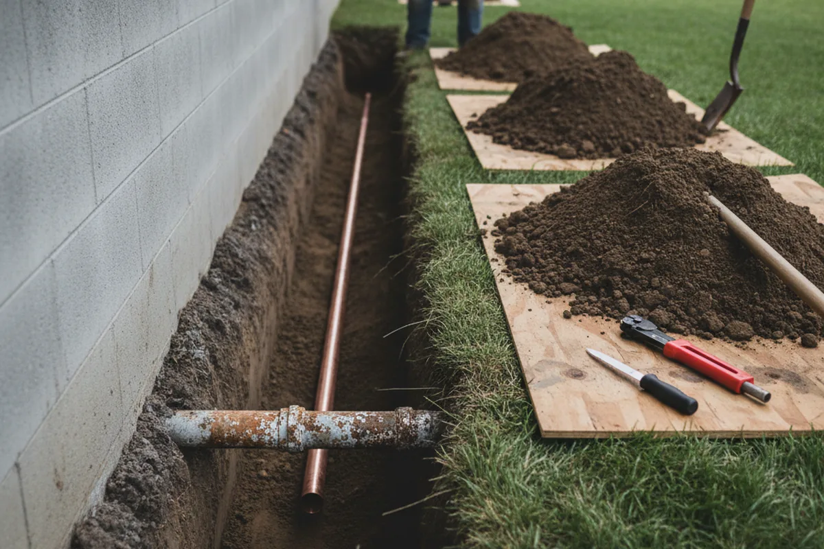 Excavated water line trench during Water Softener Installation in Spartansburg